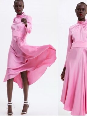 ZARA Elegant Pink High-Neck Flowing Midi Dress
